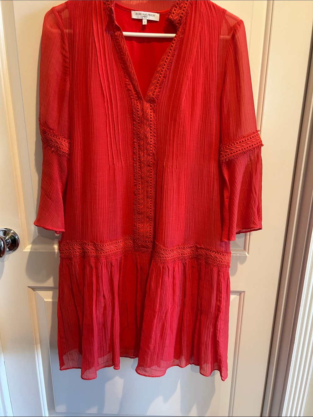 Kobi Halperin Poppy-Colored Pleated V-Neck dropped-waist Dress